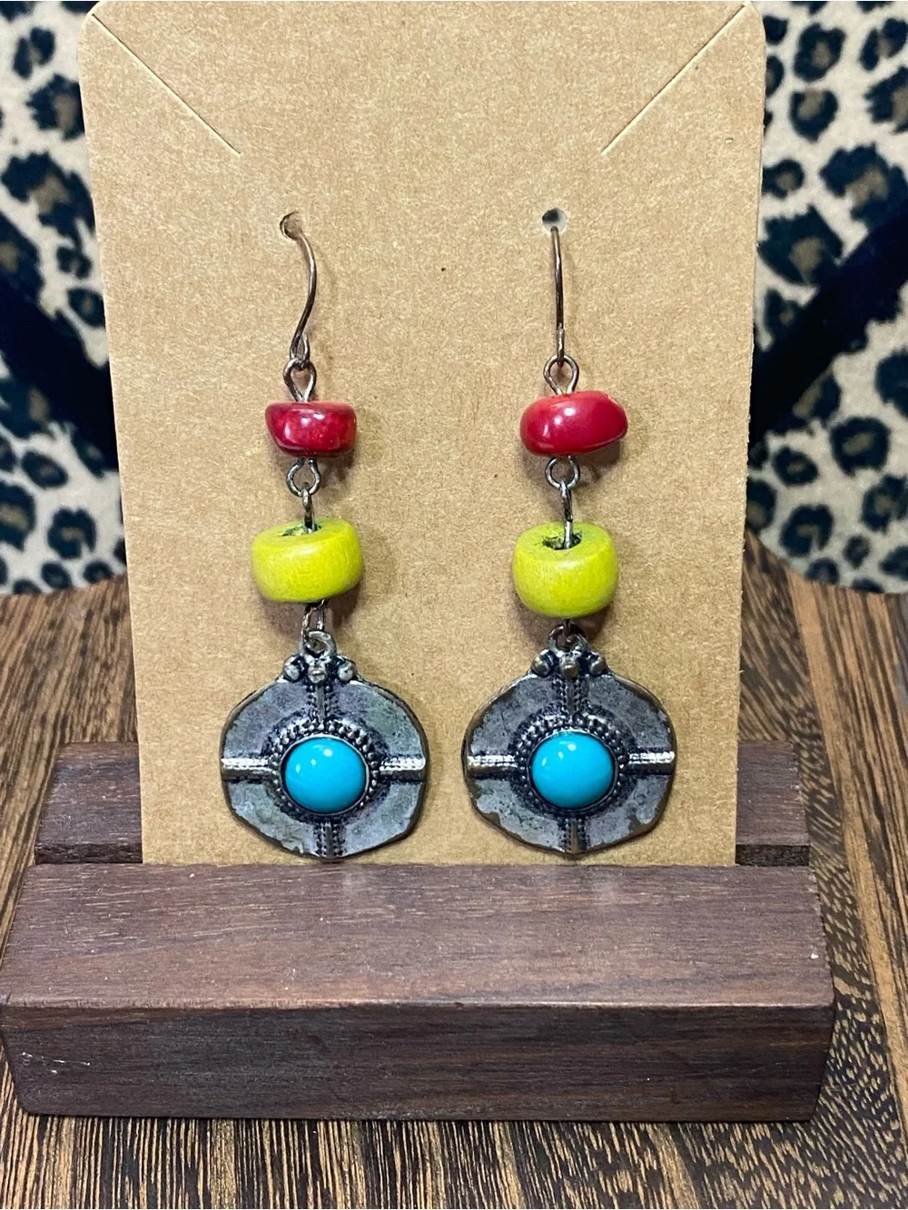 Boho Turquoise Medallion Drop Earrings with Red and Yellow Beads